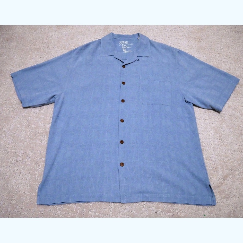 Jamaica Jaxx Mens Med Light Blue 100% Silk Short Sleeve Camp Button Down Shirt